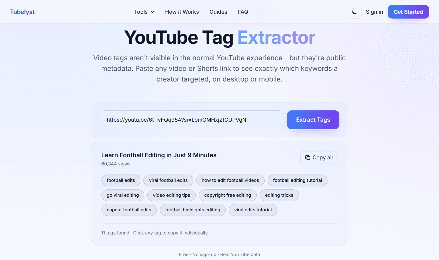 Tubelyst's YouTube Tag Extractor showing a video's tag list